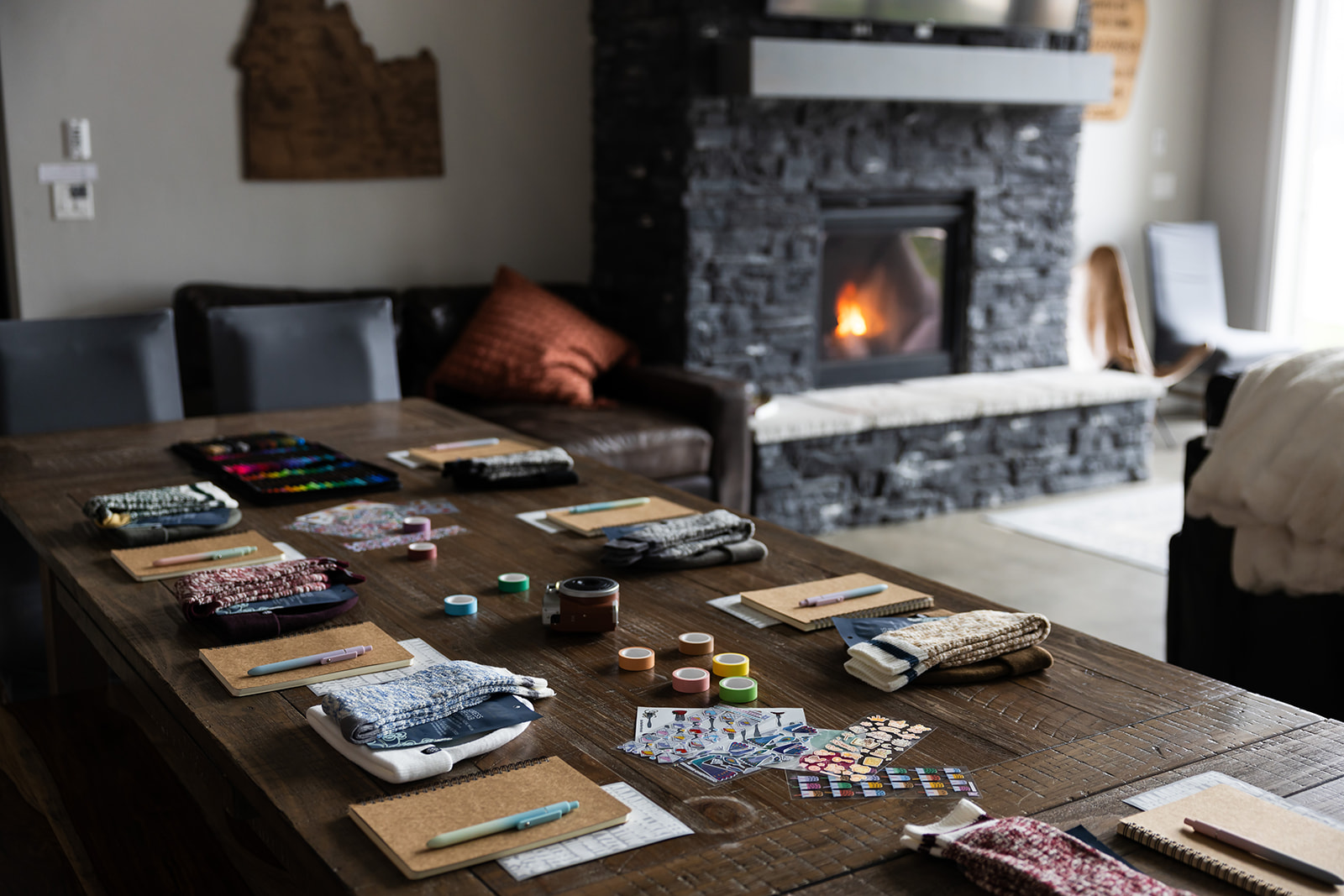 Enjoy a creative retreat Gather around the coffee table for projects by the fire.