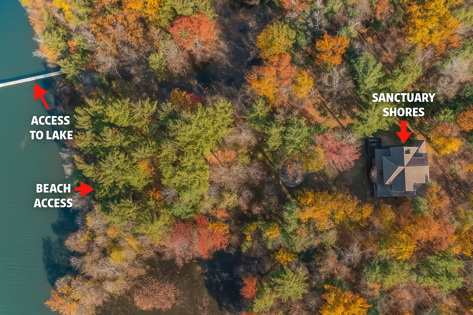 An aerial view of Sanctuary Shores and its proximity to its beach & pier access. *Please note there is NO overnight boat parking and we ask that you bring any water toys used back to the home