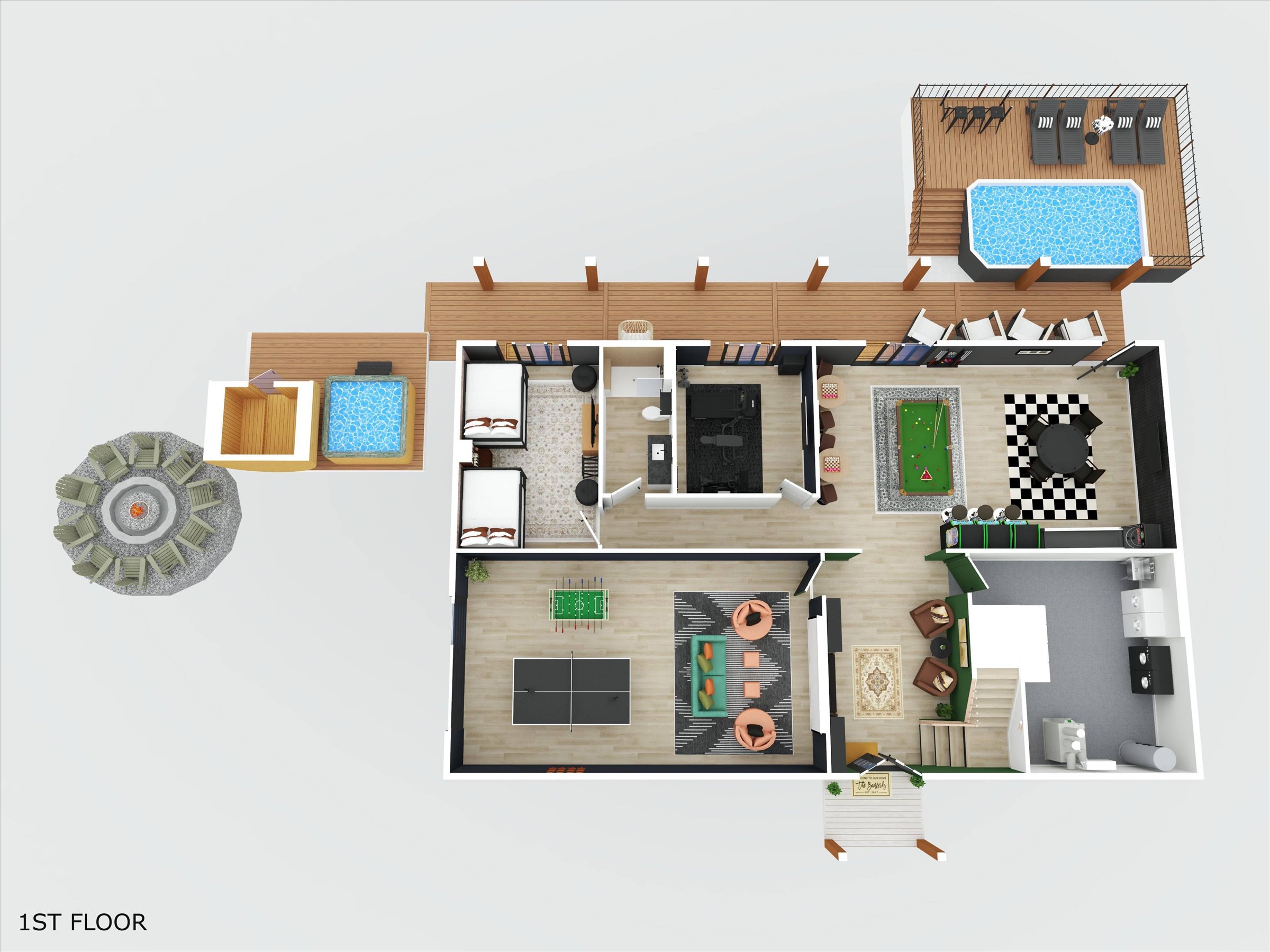 {Lower Level}
Thoughtfully designed lower level featuring the game room, theater, spa amenities, and multiple sleeping areas — built for connection and flow.