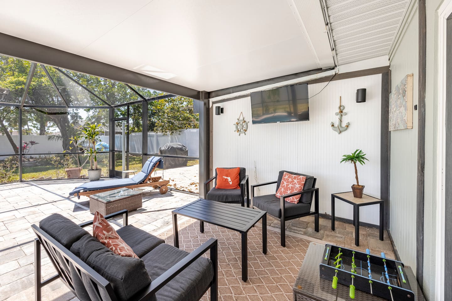 Chill area to relax in the shade and listen to  or watch the game on the outdoor smart tv with friend/family