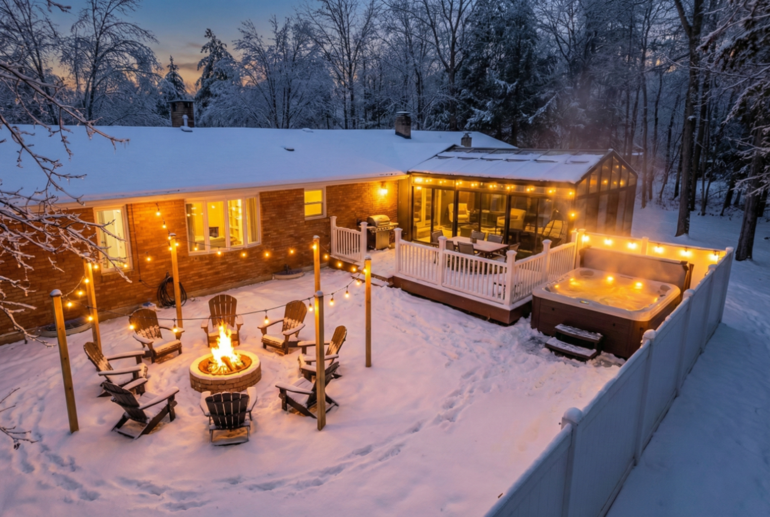 Backyard at night in snow w/firepit