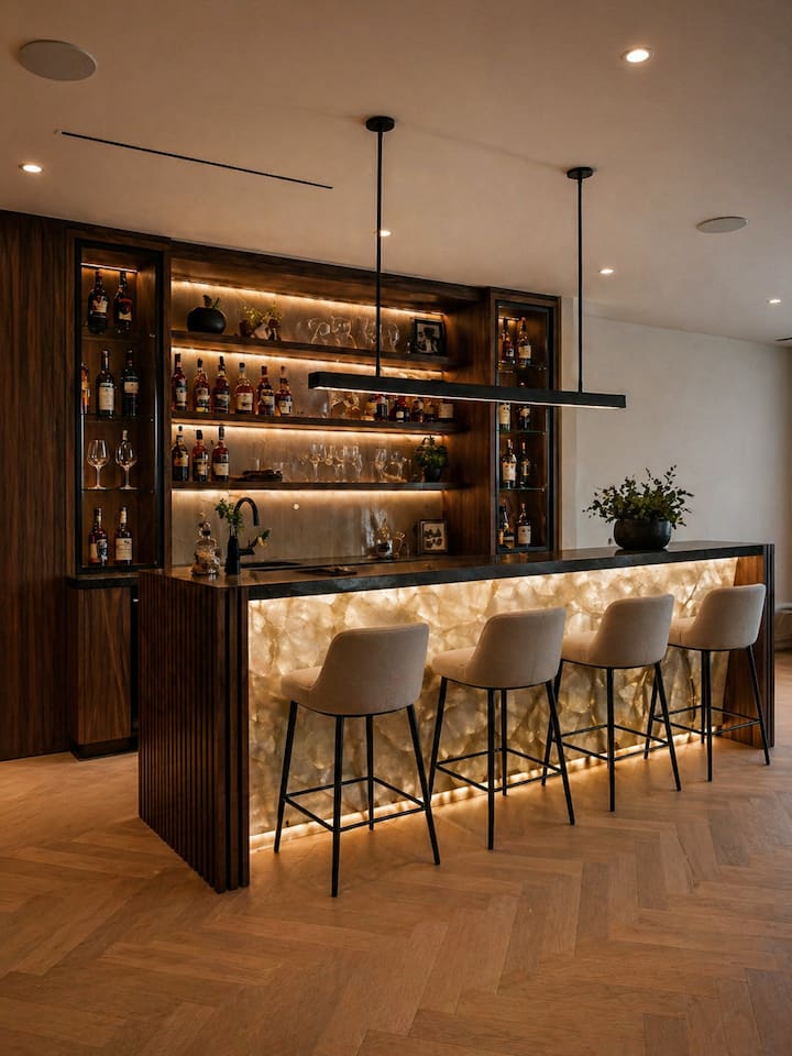 Bar near pool table and lounge