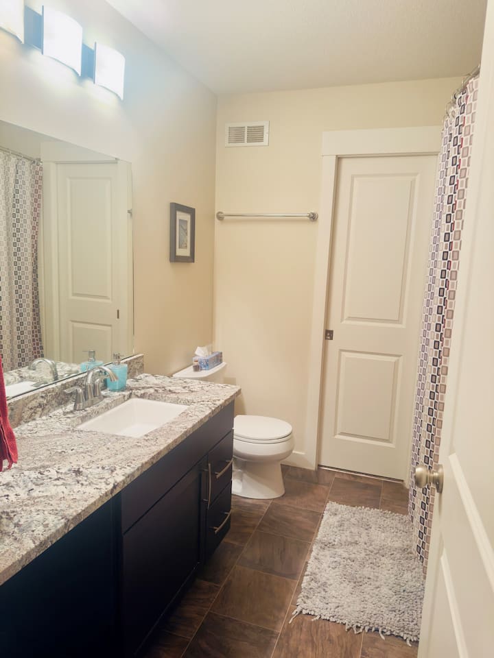 Modern bath with granite vanity, large mirror, and tiled shower.