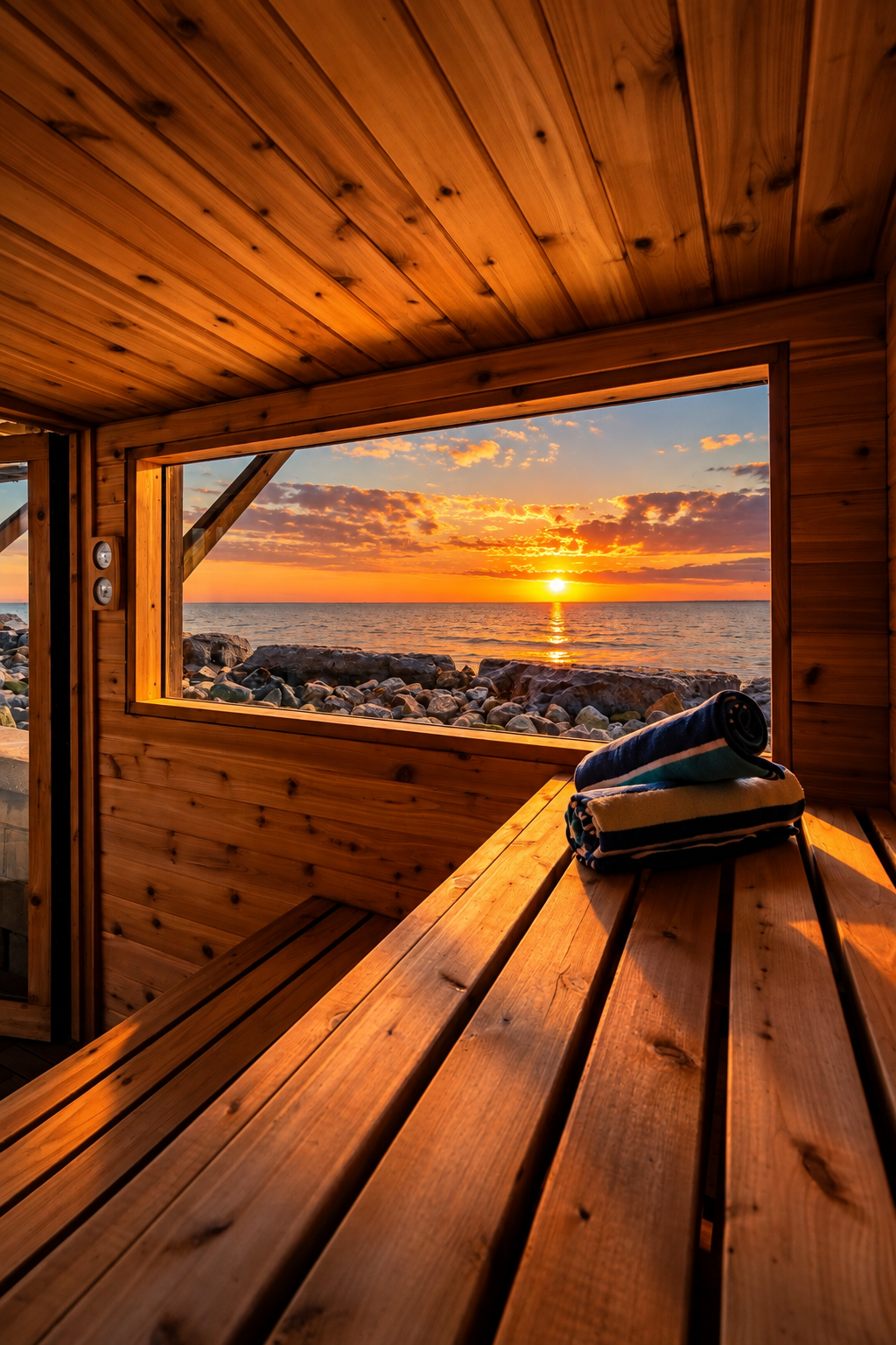 Cozy lakeside sauna with warm wooden interiors and breathtaking sunset views over the water