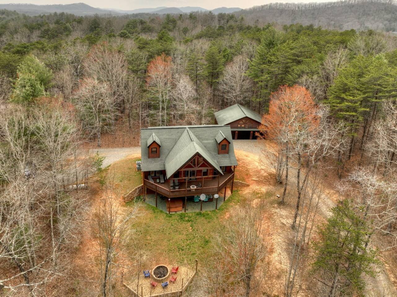 Experience stunning aerial views of the cabin with a drone capture.