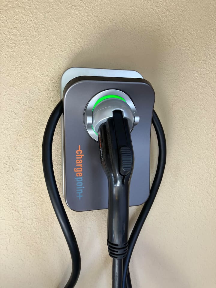 We have a ChargePoint EV charger for all your electric car charging needs!  **Level 2 charger on a 50amp circuit capable of charging at 40 amps max which should get you approximately 25 miles of range per hour. 