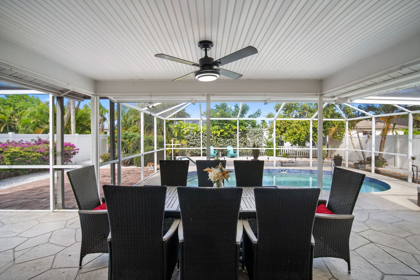 Screened Lanai dining table for 6 and the pool