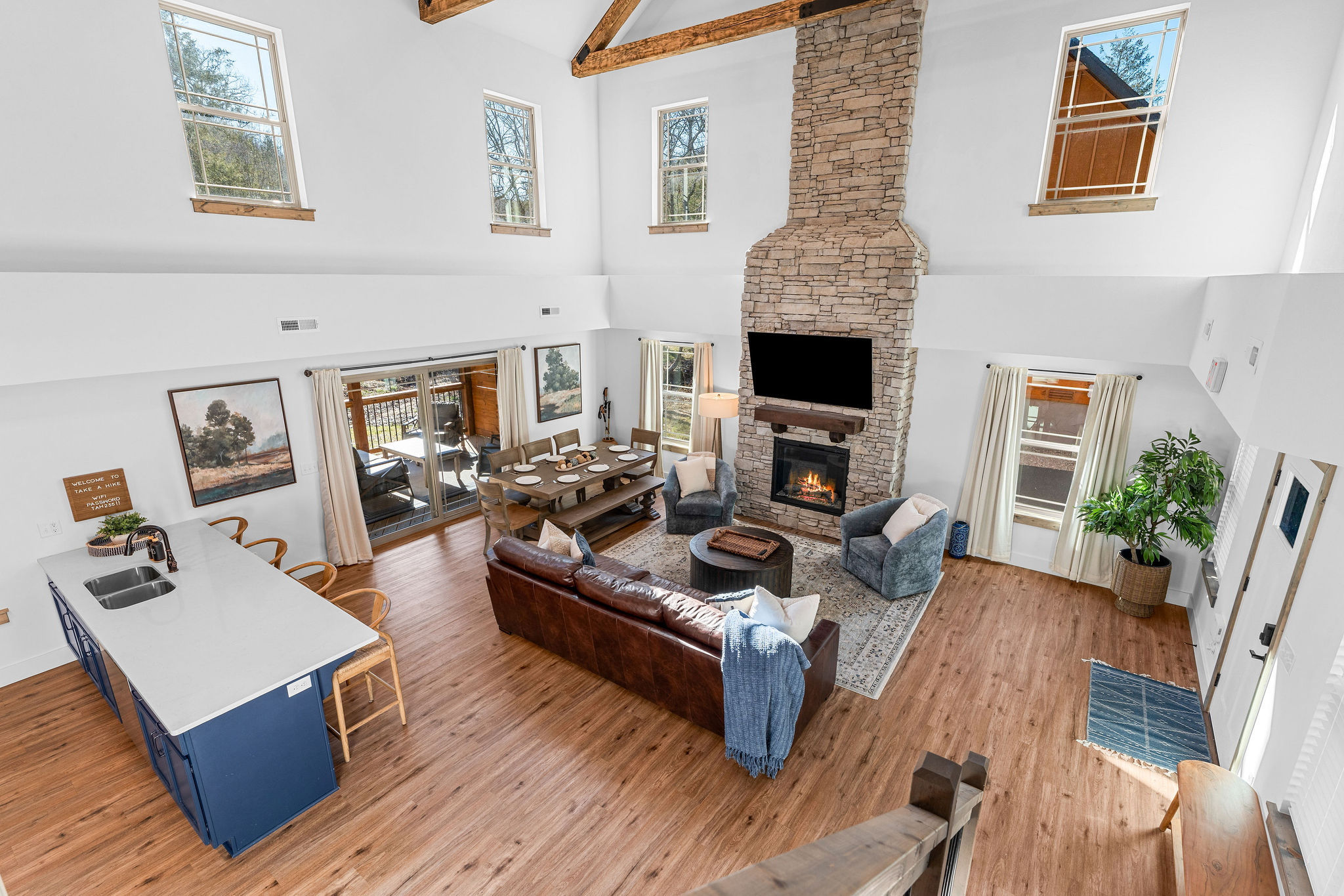 Wide-angle view of the main living space, highlighting the open layout.