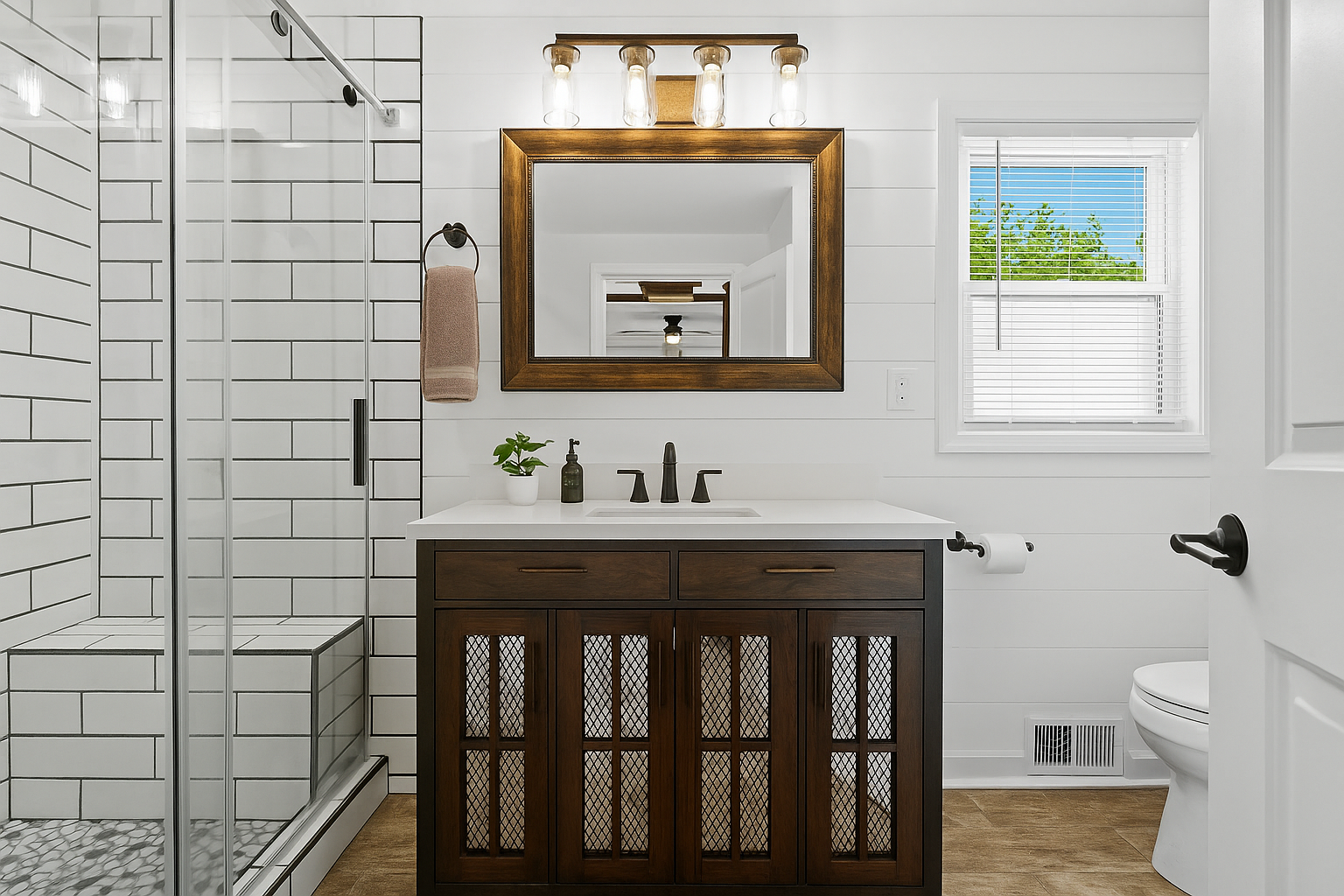 Stylish full bathroom with a spacious walk-in shower, modern fixtures, and plenty of natural light.