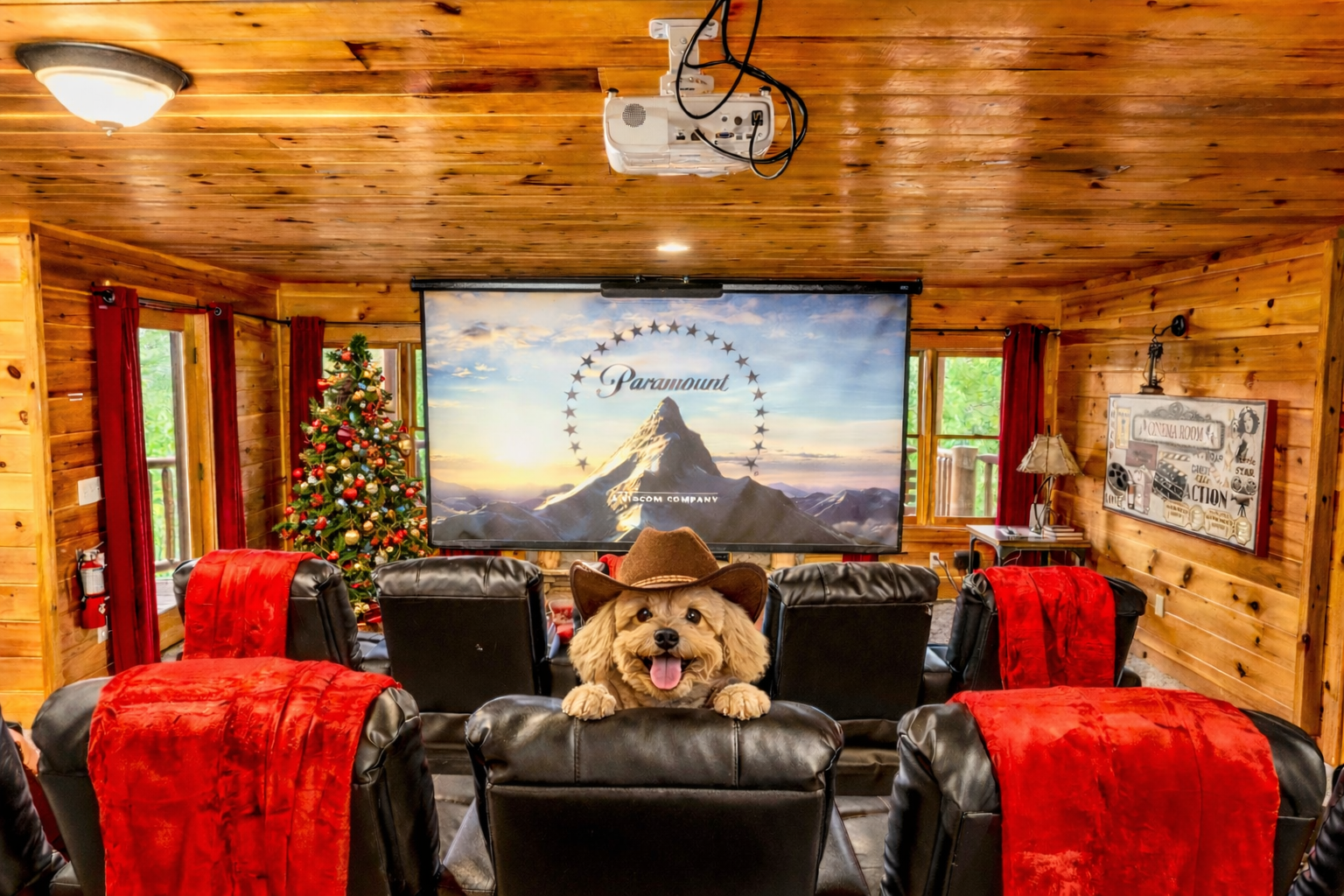 Theater area in basement with leather recliners
