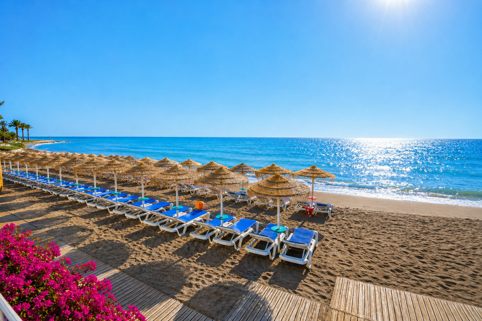 Bil Bil Beach, Benalmádena – A beautiful stretch of golden sand along the Costa del Sol, featuring crystal-clear waters, sun loungers under traditional thatched umbrellas, and a peaceful Mediterranean atmosphere.