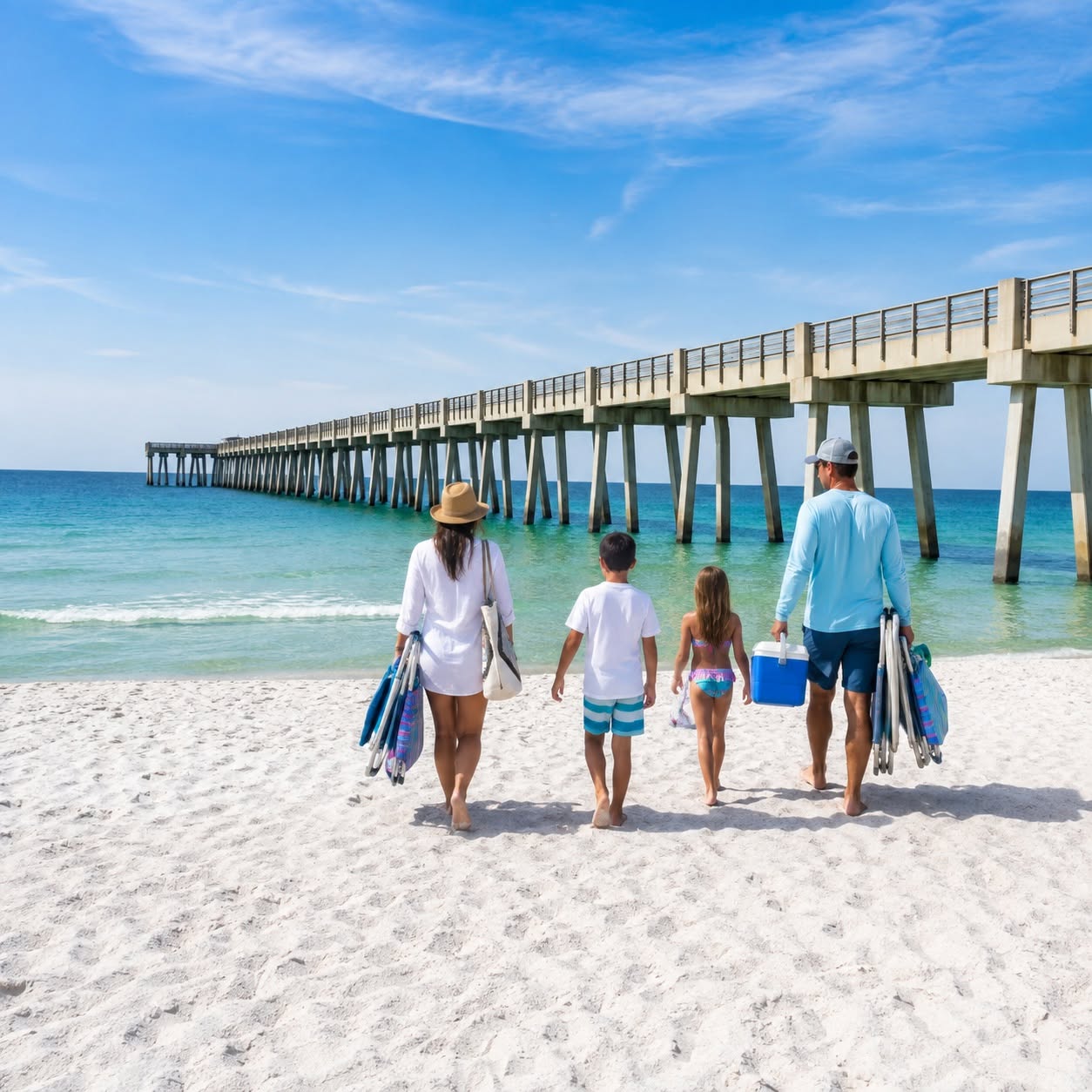 AI-created beach-and-pier illustration inspired by M.B. Miller County Pier. Off-property activity; see the pier for current access information.
