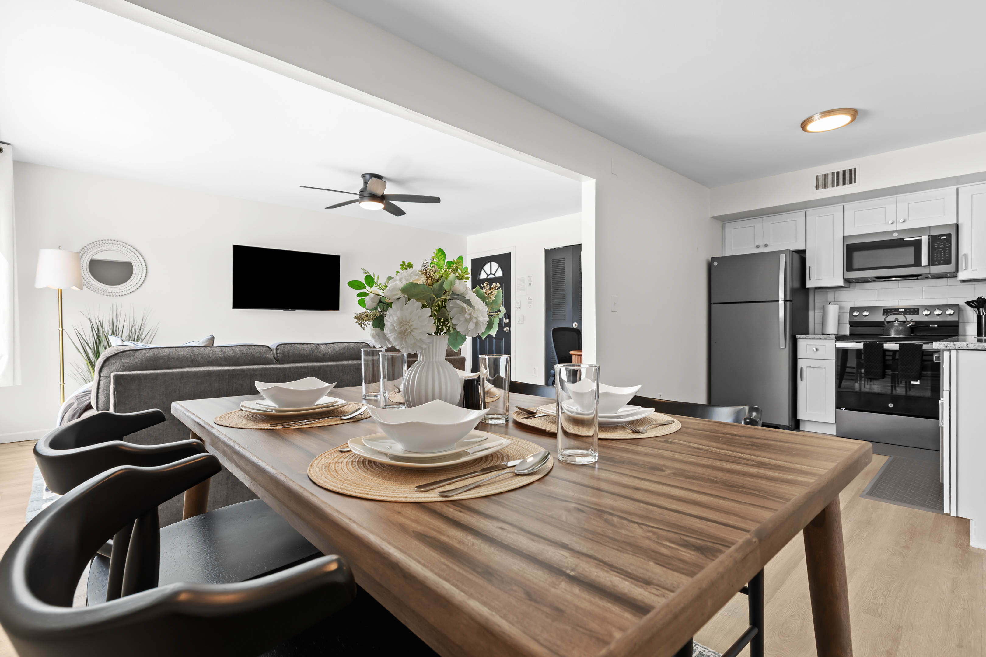 Set for an inviting meal with easy access to the living area.