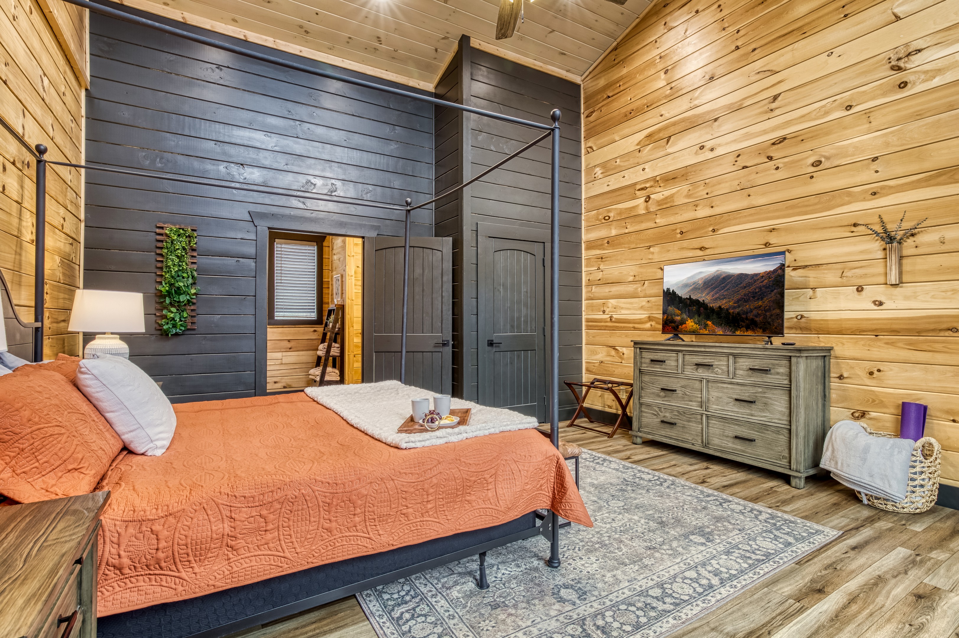 TV, luggage stand, plenty of empty drawers, closet space, and a yoga mat.  