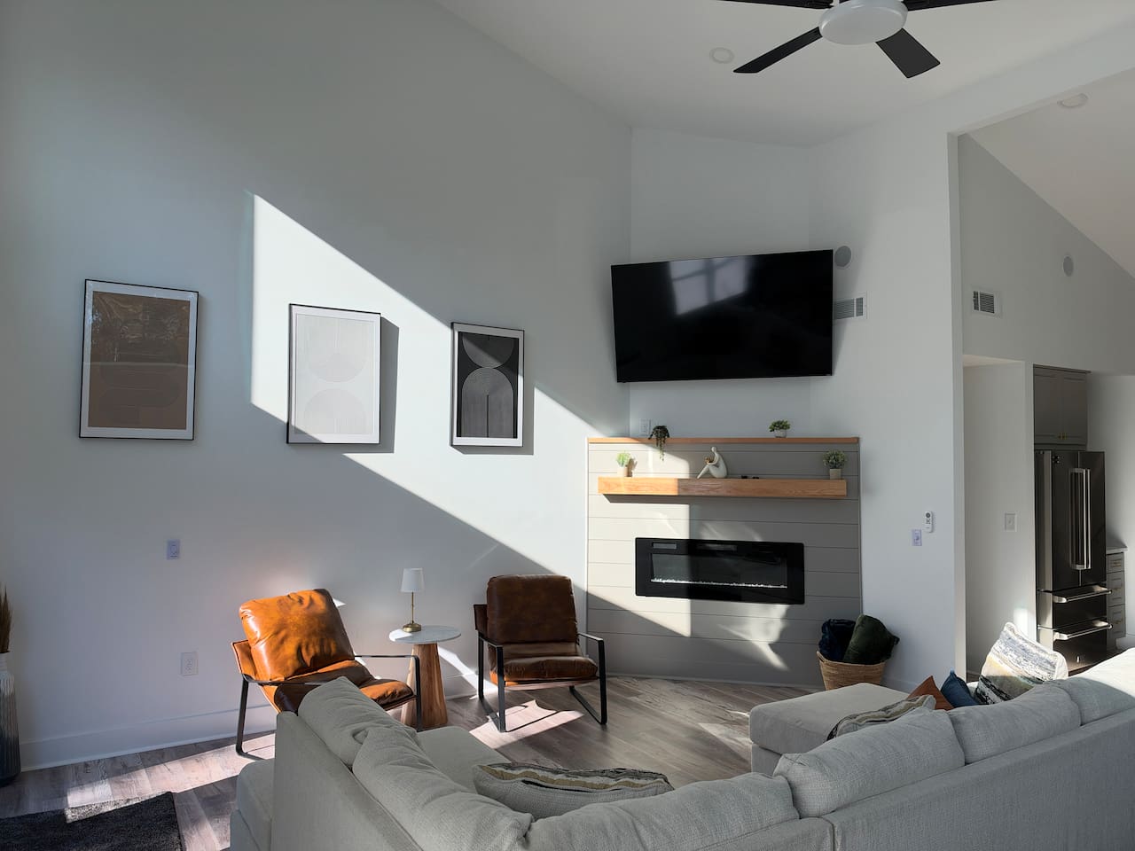 Smart TV and electric fireplace. As well as surround sound. 