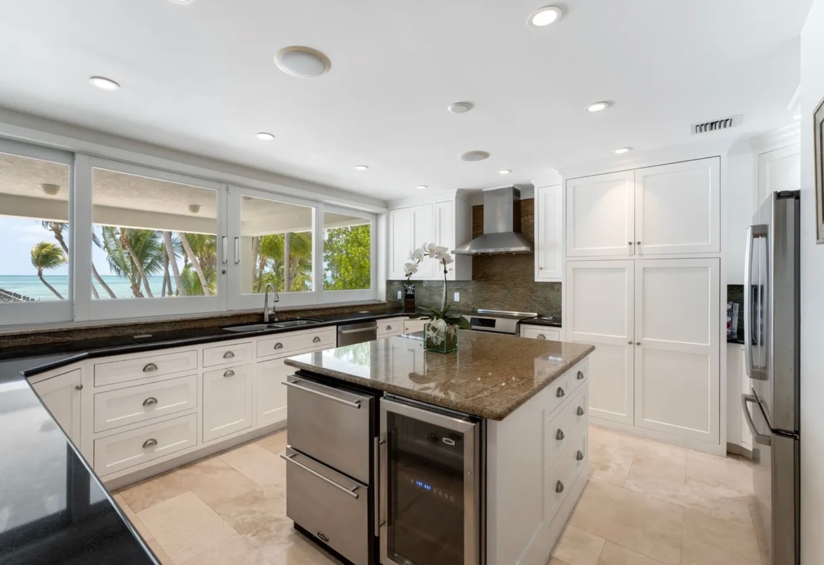 Kitchen Island with refrigerated drawers and wine fridge