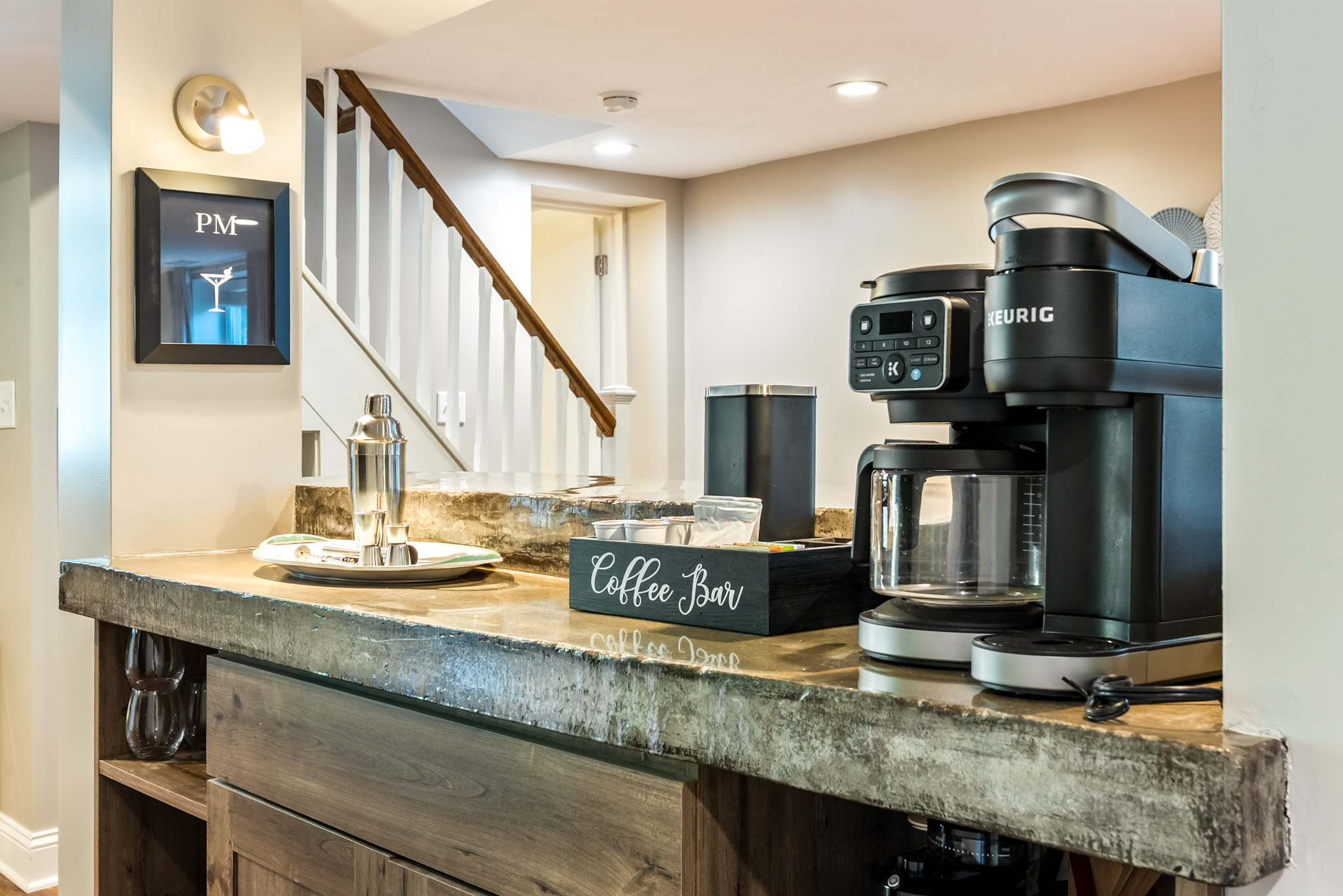 Fuel your morning. The garden suite has its own Coffee Bar with Keurig, drip and pour over coffee, and electric hot water kettle. The provided "starter pack" includes K-cups, coffee beans, assorted teas, sweeteners, and creamer.
