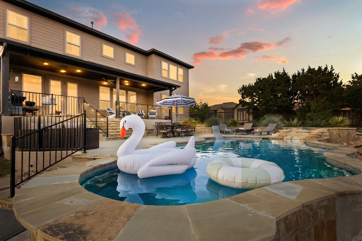 Enjoy the resort-style pool with fun floaties—perfect for families and group stays 