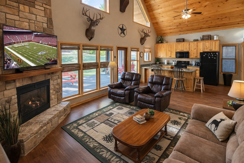 Open-concept living room with vaulted wood ceilings, stone fireplace & Smart TV for cozy nights.