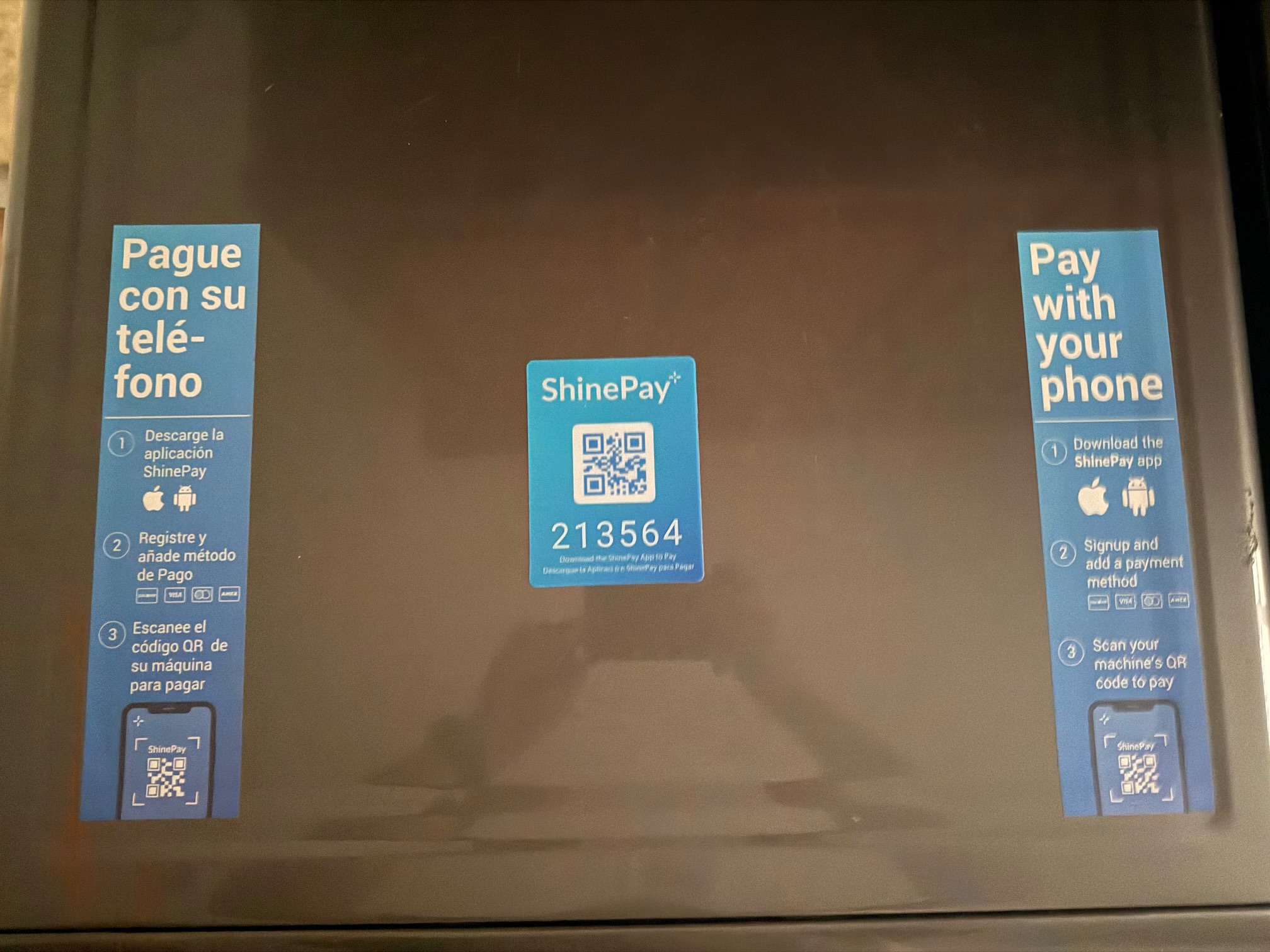 Machine identification details and mobile app code for laundry usage.
