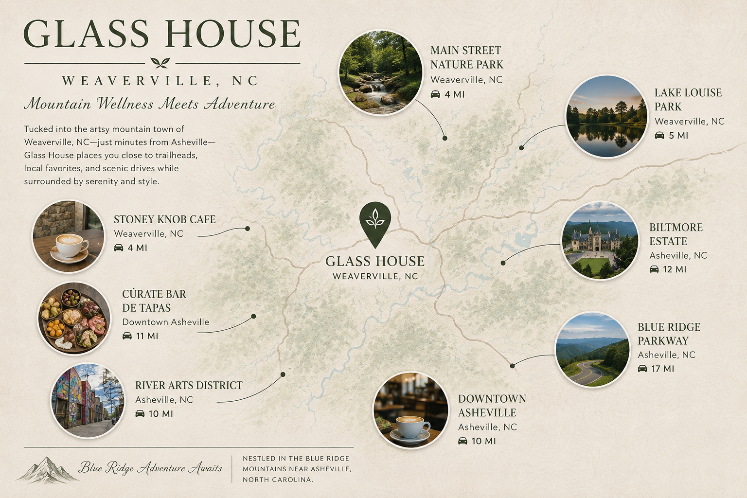 Discover Asheville's best—from the Blue Ridge Parkway to local cafés and the Biltmore Estate—all within a short drive.