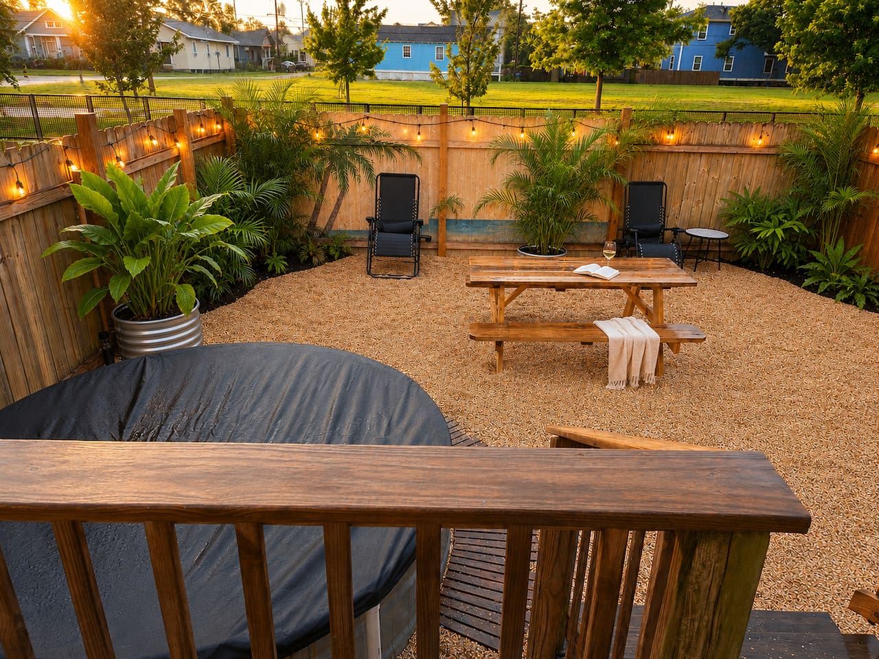 The backyard is fenced in and overlooks the Lafitte Greenway.  The gravel "Bayou Beach" is a lovely place for a meal, drinks, or a dip in the pool.  The yard and pool are shared with the neighboring 3BR unit, which is usually vacant.  