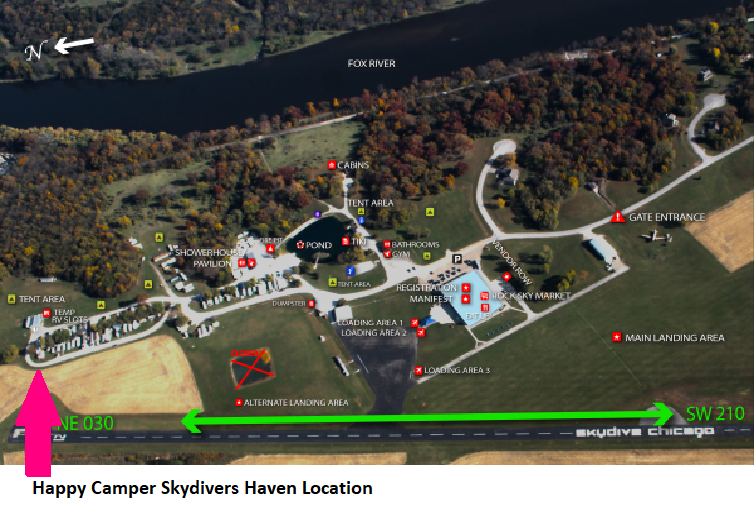 Happy Camper Skydiver Haven is located on the North side of Skydive Chicago across from the runway.  All of Skydive Chicago's amenities are within easy walking distance. This is the quiet area of the dropzone for good sleeping.