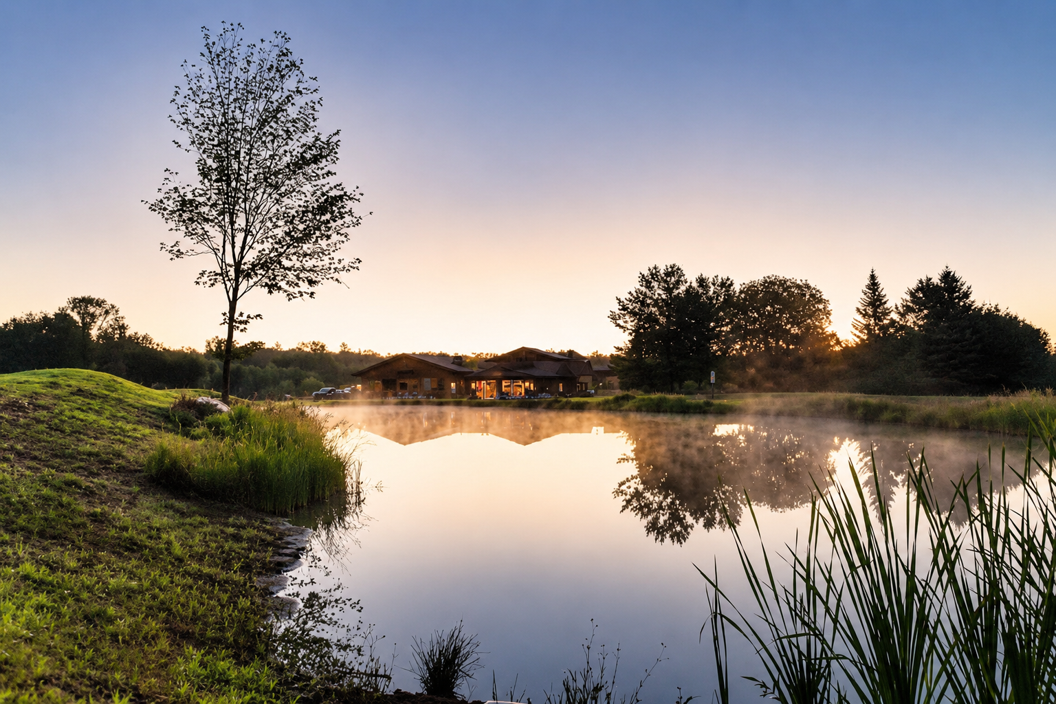 Twilight settles over the catch-and-release pond as Northwoods Antler House & Lodge glows beyond the water, a peaceful, almost magical setting for reconnecting with family, friends, and nature.

