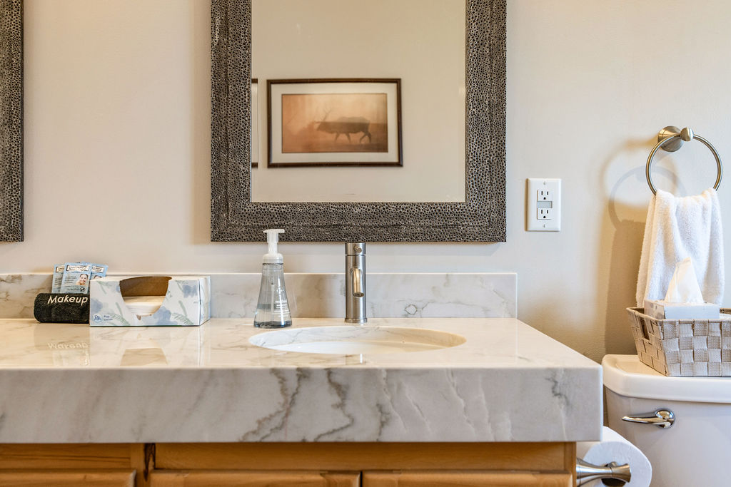 The master bathroom dual vanity 