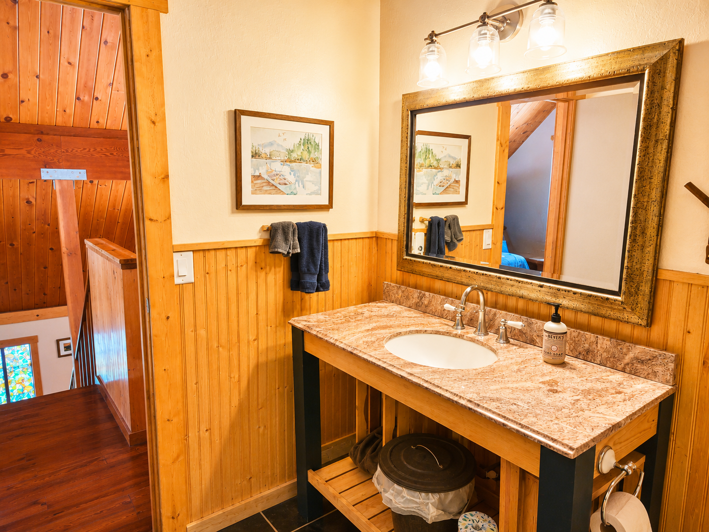 The upstairs loft area has it's own full bathroom with bathtub/shower combo.  It will be stocked with towels, hair dryer and basic toiletries as well.