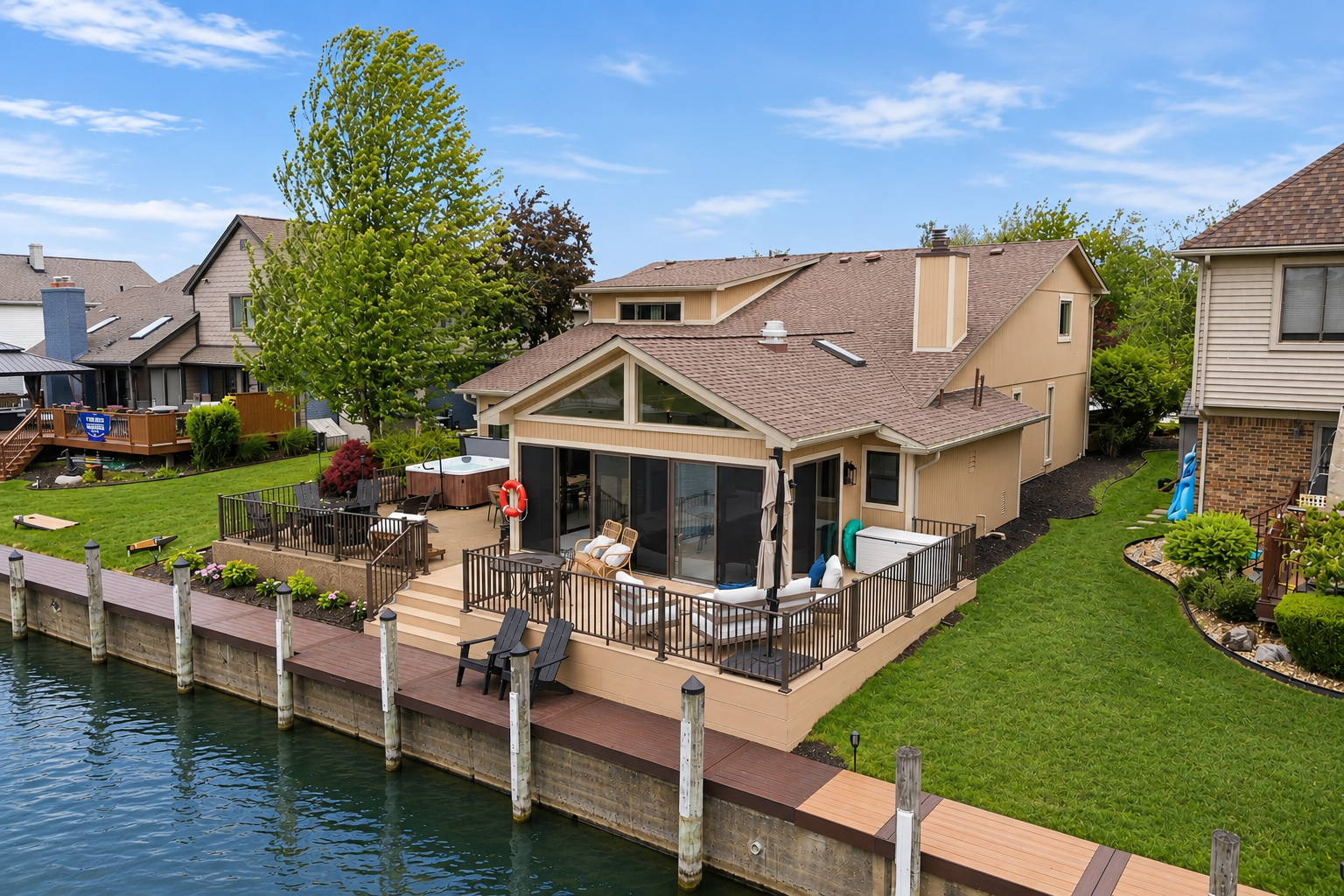 Waterfront luxury retreat with private dock, spacious deck, and relaxing outdoor seating with Hot tub for a perfect getaway.