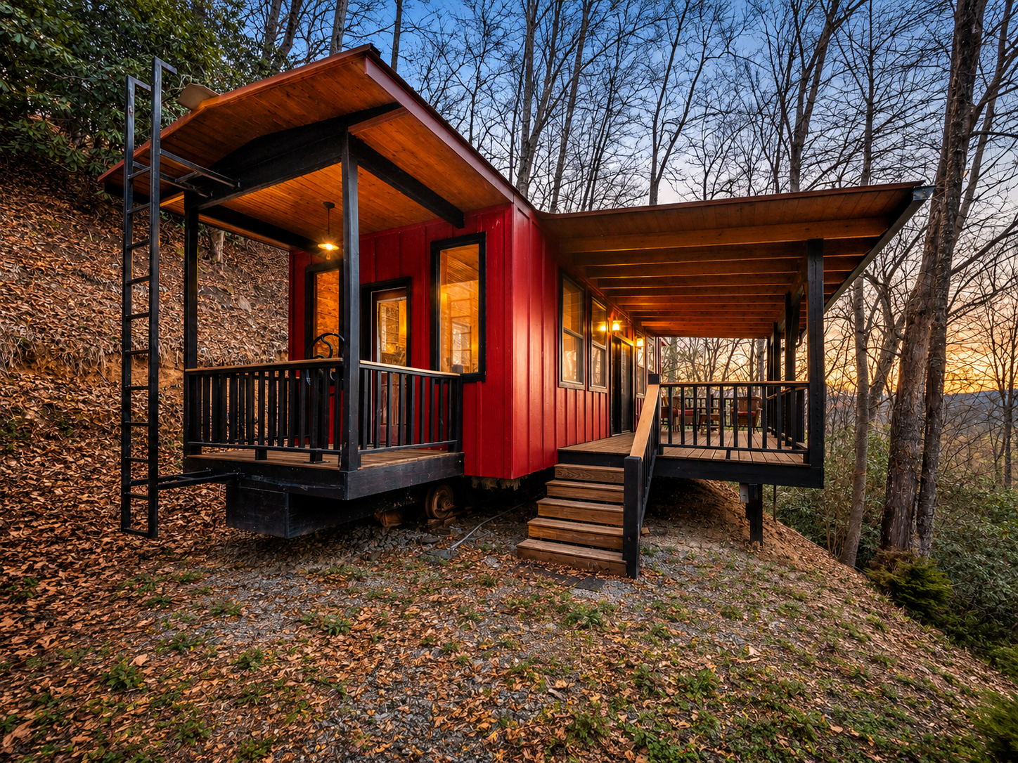 {Exterior} Surrounded by towering hardwoods, this peaceful mountain escape invites you to unplug, reconnect, and experience the beauty of Pisgah Forest.