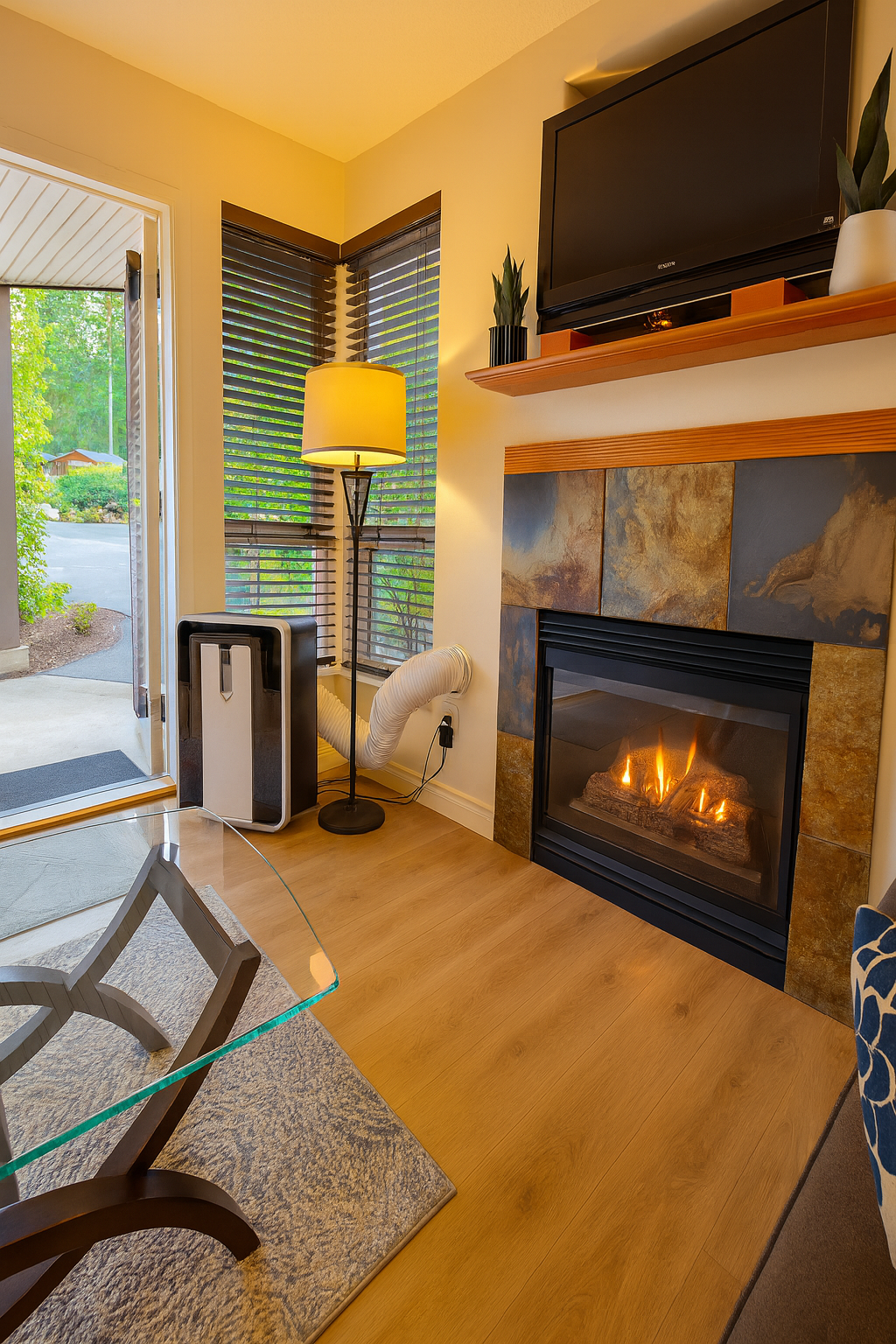 AC Unit and Natural gas fireplace in roomy living room.