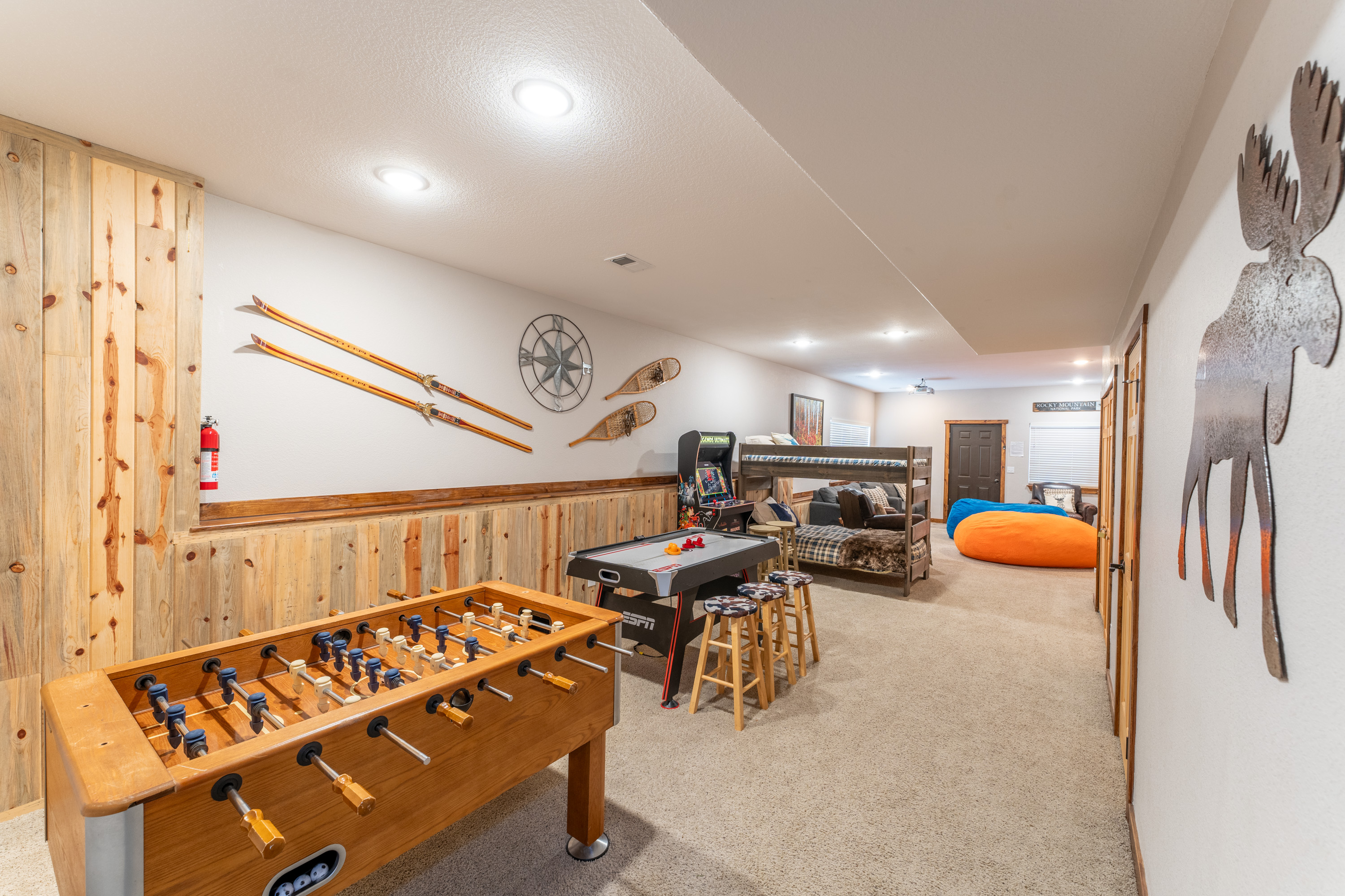 Kids love the game/theater room and the adults can gather in the living room for quiet conversations.