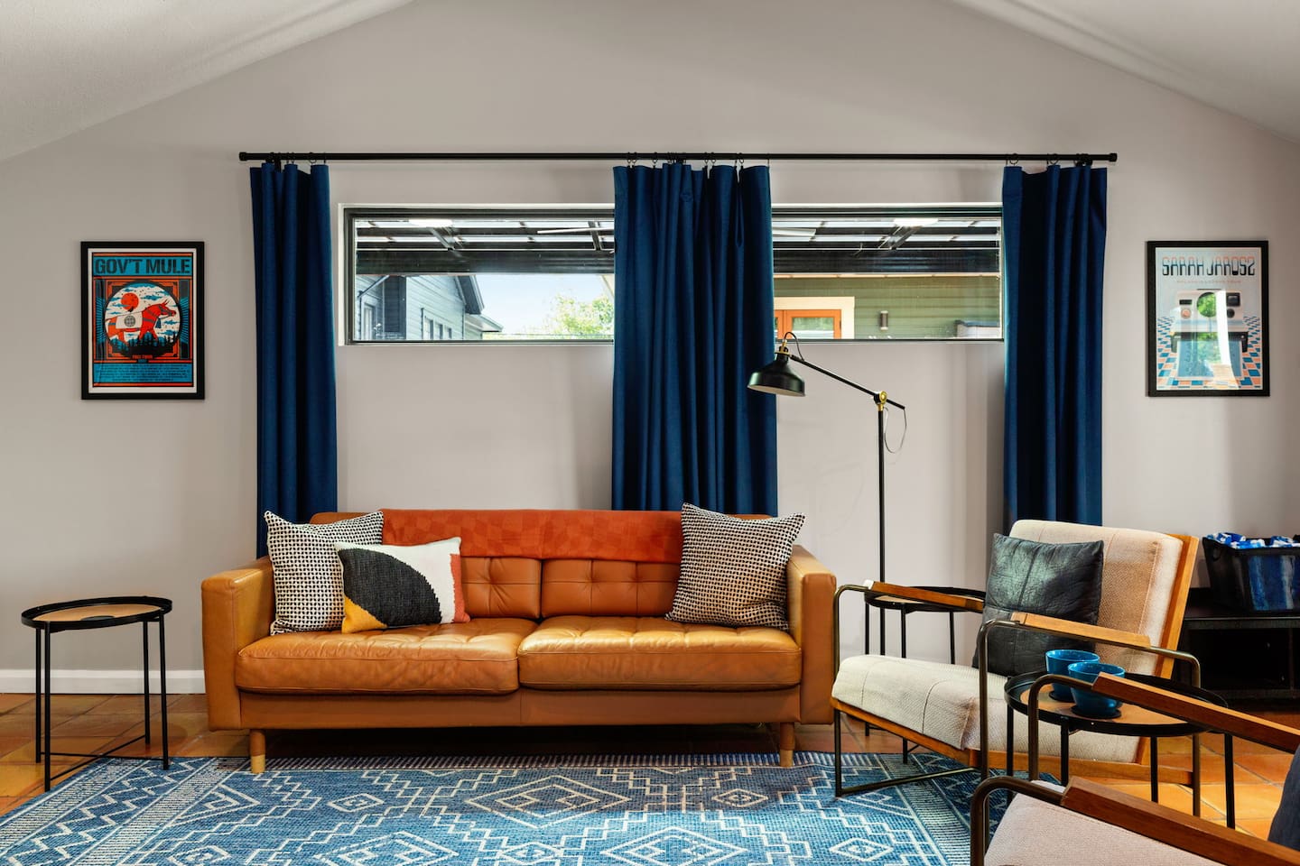 Cozy, stylish living area perfect for movie nights or morning coffee before your day in downtown San Antonio.