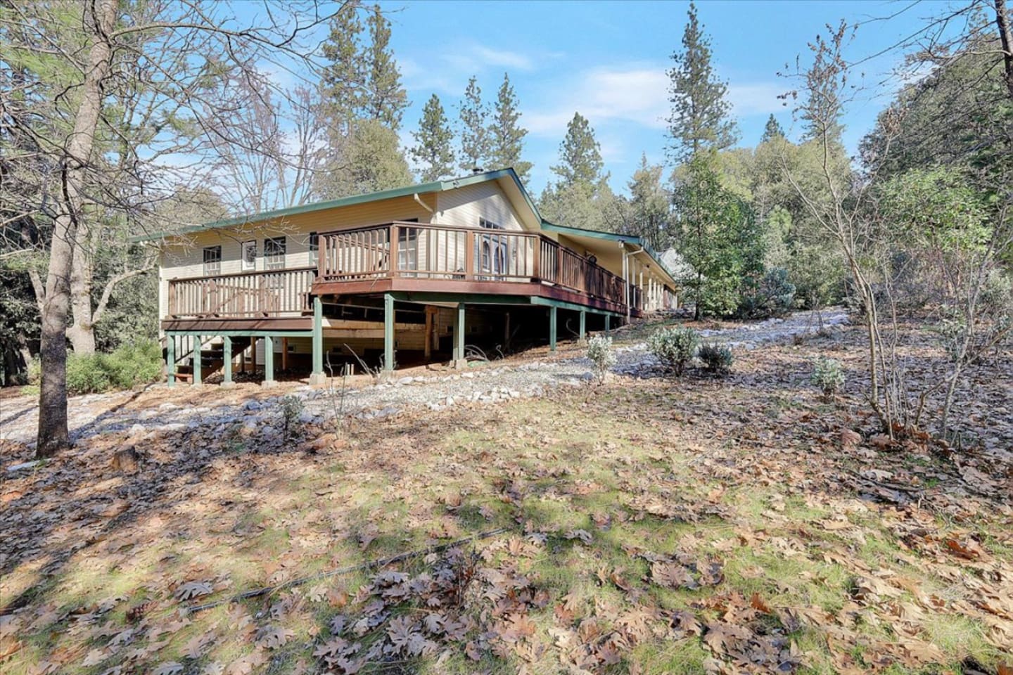 Cabin exterior with a wraparound deck, wooded views, and plenty of outdoor space to enjoy the trees.
