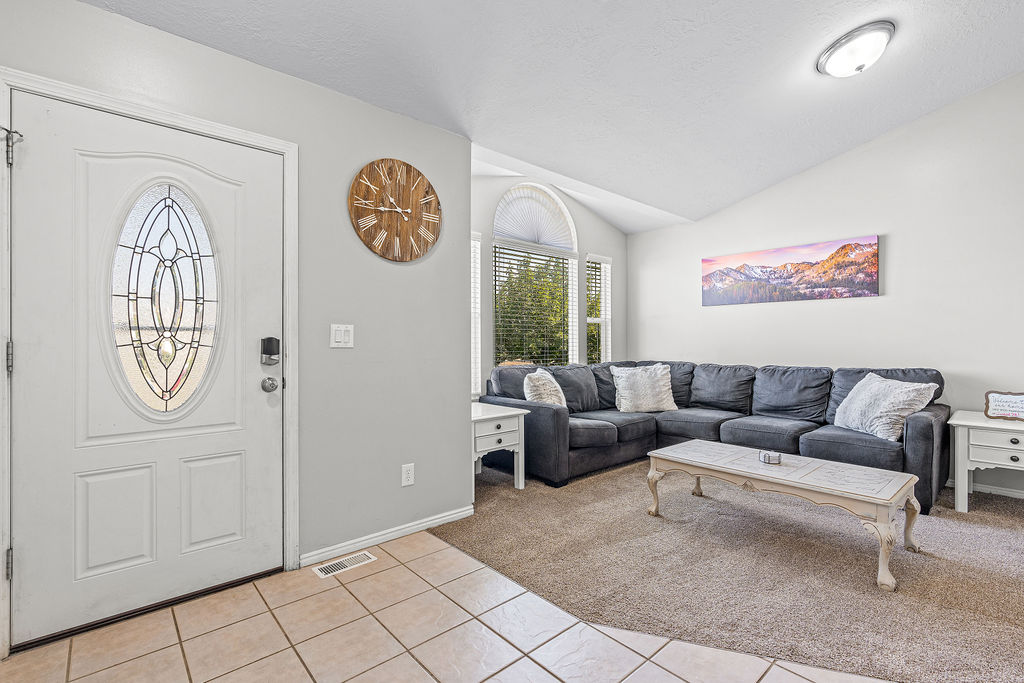 Front door and living room