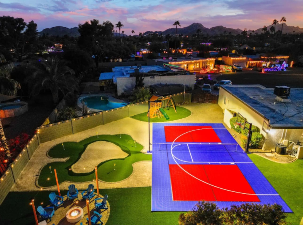 Putting green on one side, sport court on the other — bring your clubs or your basketball, either way you're covered.