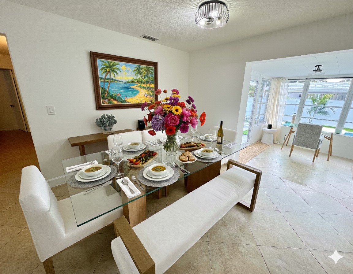 Beautifully set dining area for six — ideal for family dinners, celebrations, or cozy nights in.