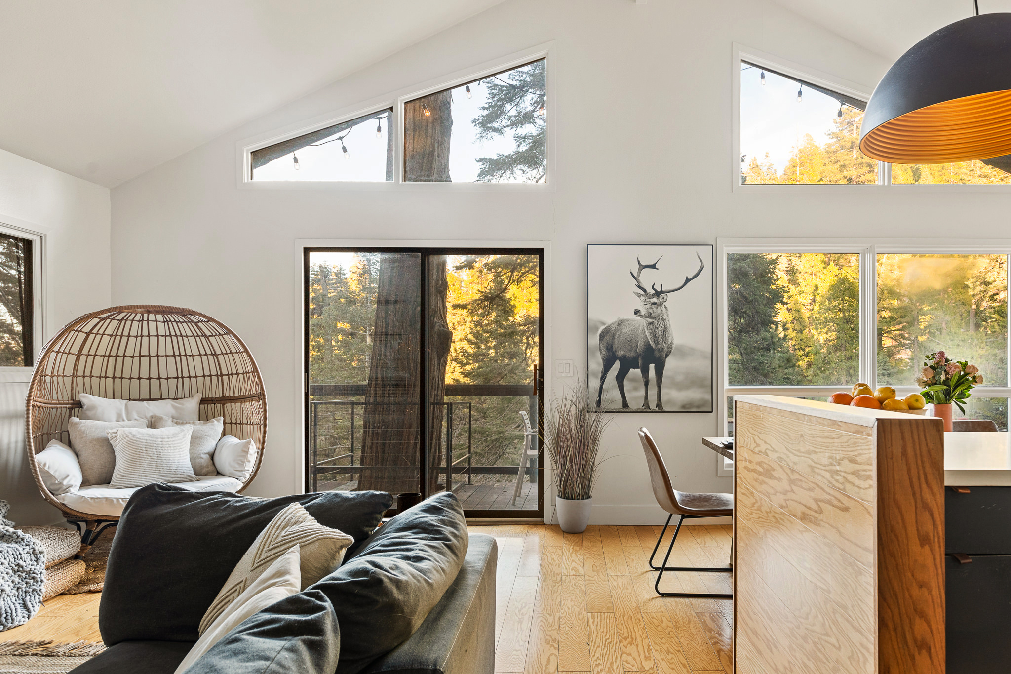 Bright, open living space with large windows and direct access outside—bringing the mountain setting right into the home.