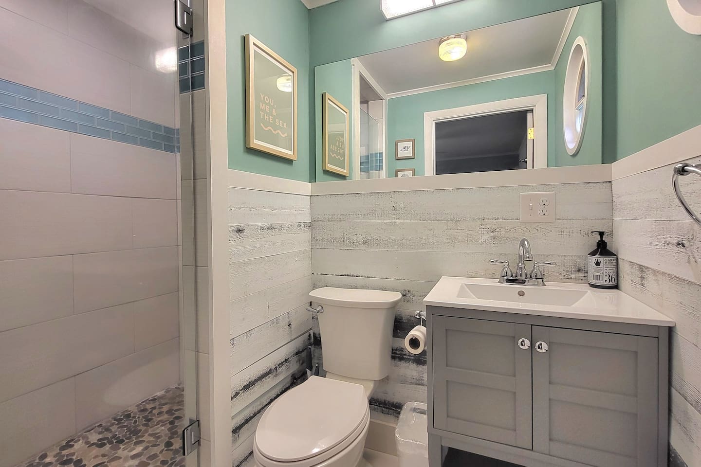 Primary bedroom with full bath, stand up shower