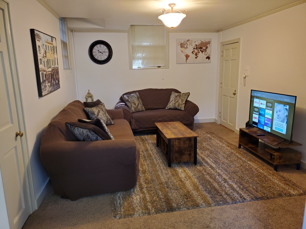 Living Room w/sofa, two closets, loveseat and Roku TV