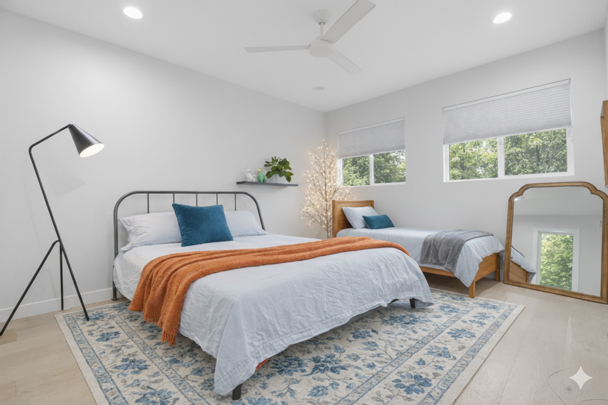 bedroom 2 has one queen bed one single bed