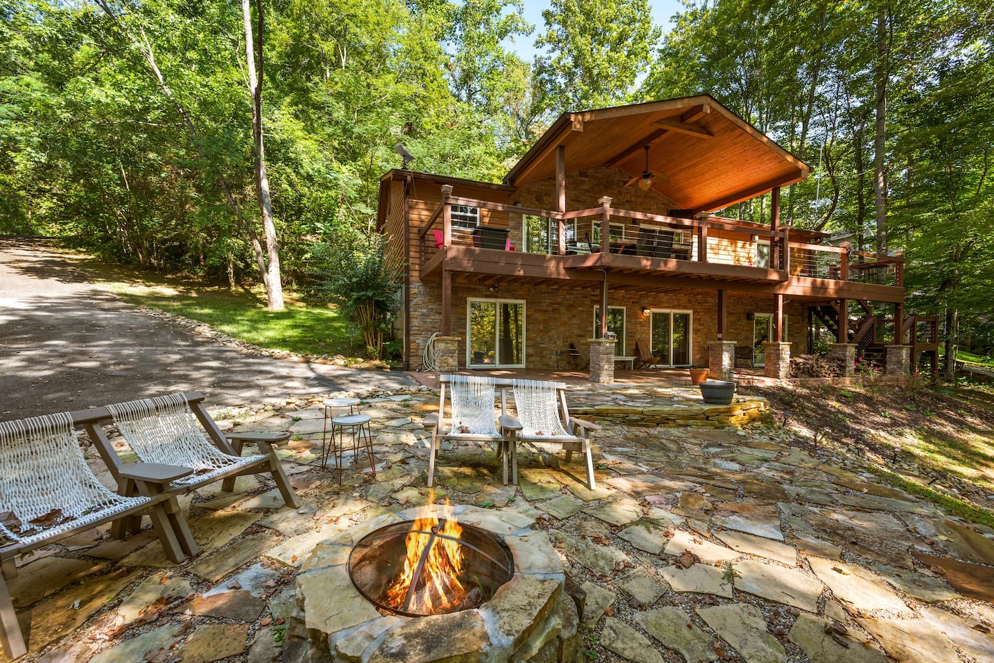 Outdoor wood burning firepit with plenty of seating