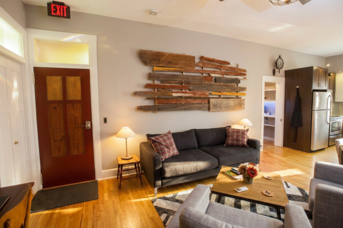 Plantera’s comfy living area with sofa bed that converts to a full size bed
