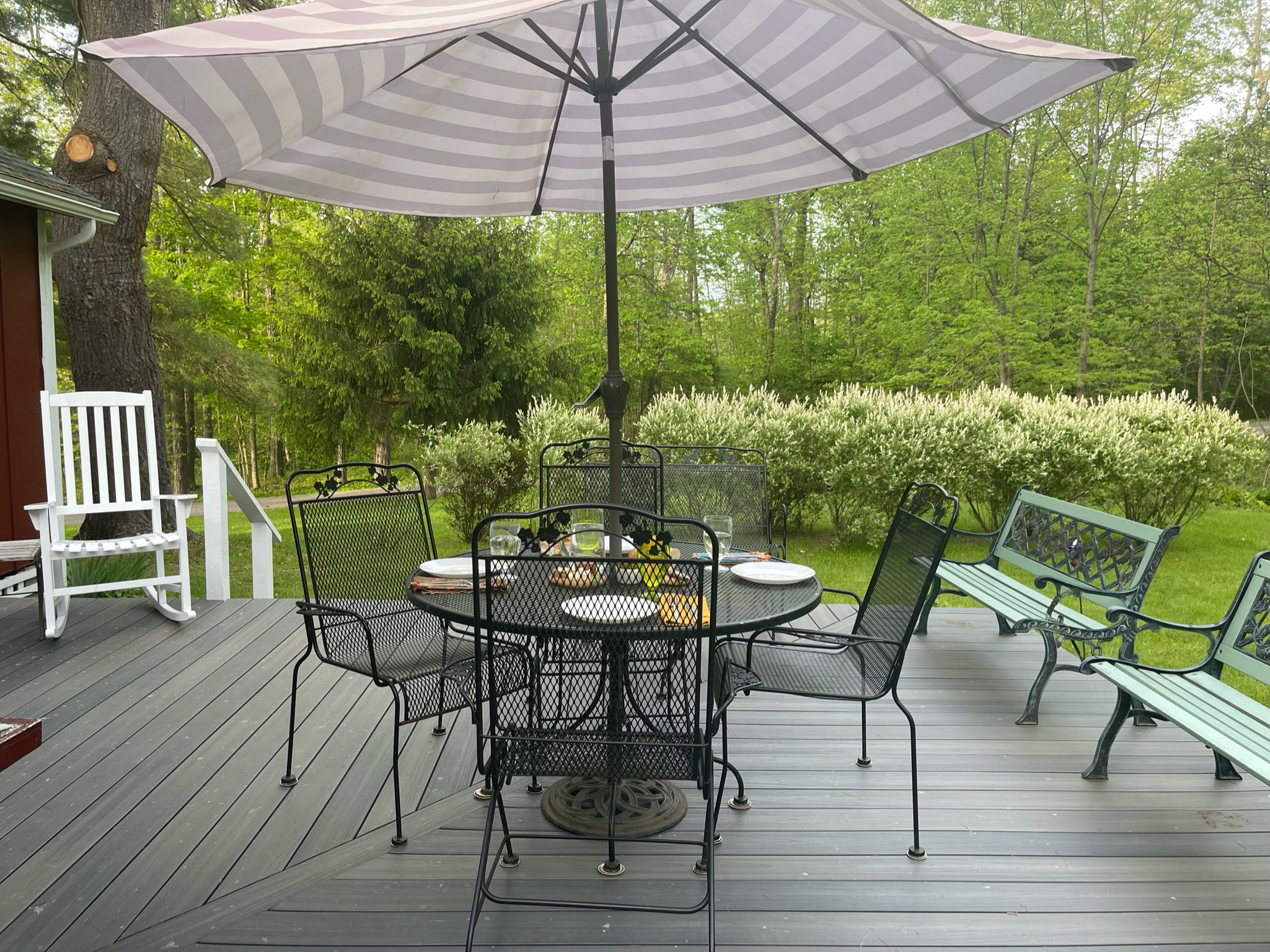 Twin Pines spacious back yard off open deck shared between the 2 units