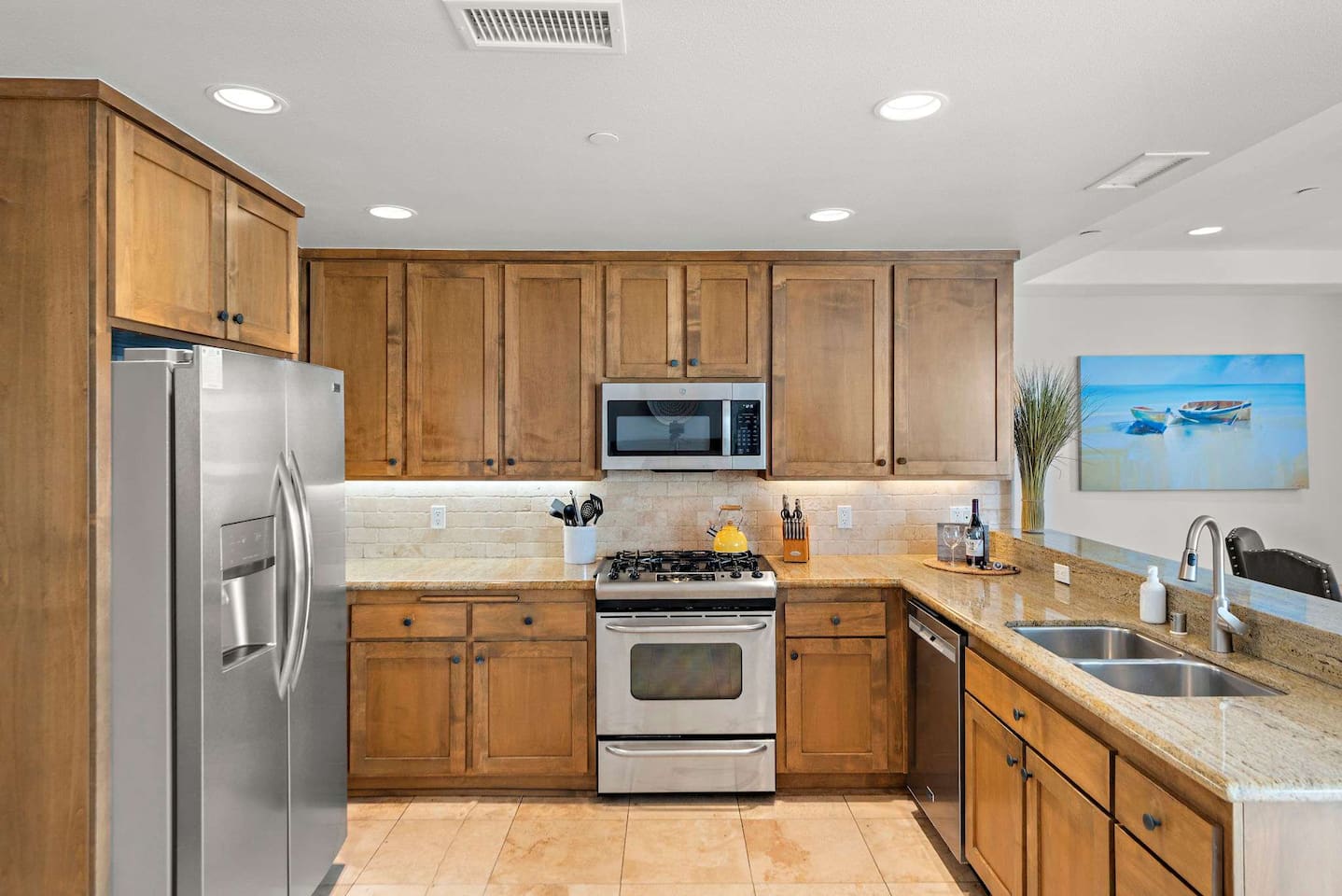 The kitchen is fully equipped to prepare almost any meal.  It also has granite countertops, new appliances, food processors, Instapot, a blender, a Ninja Grill and a fridge with filtered water and ice