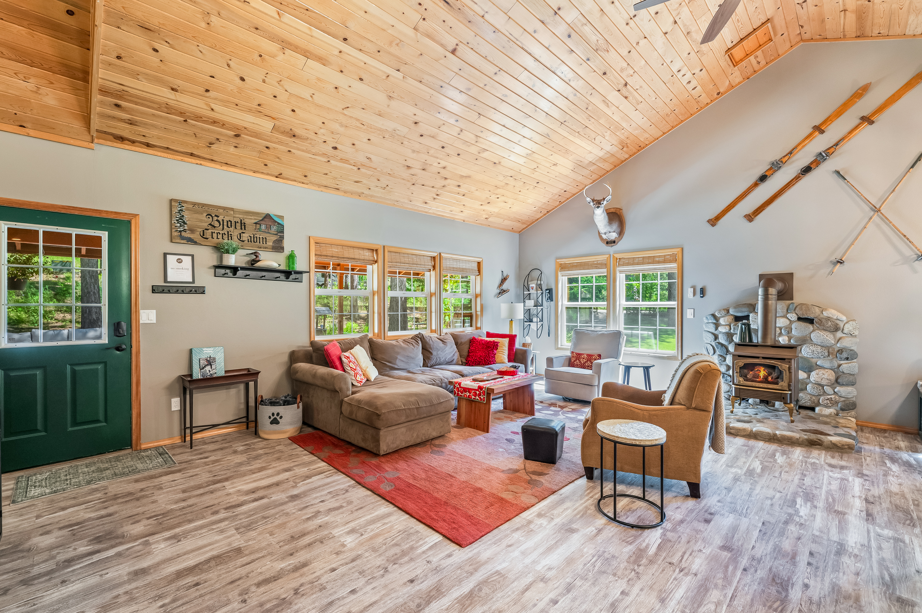 Large open living space with gas fireplace