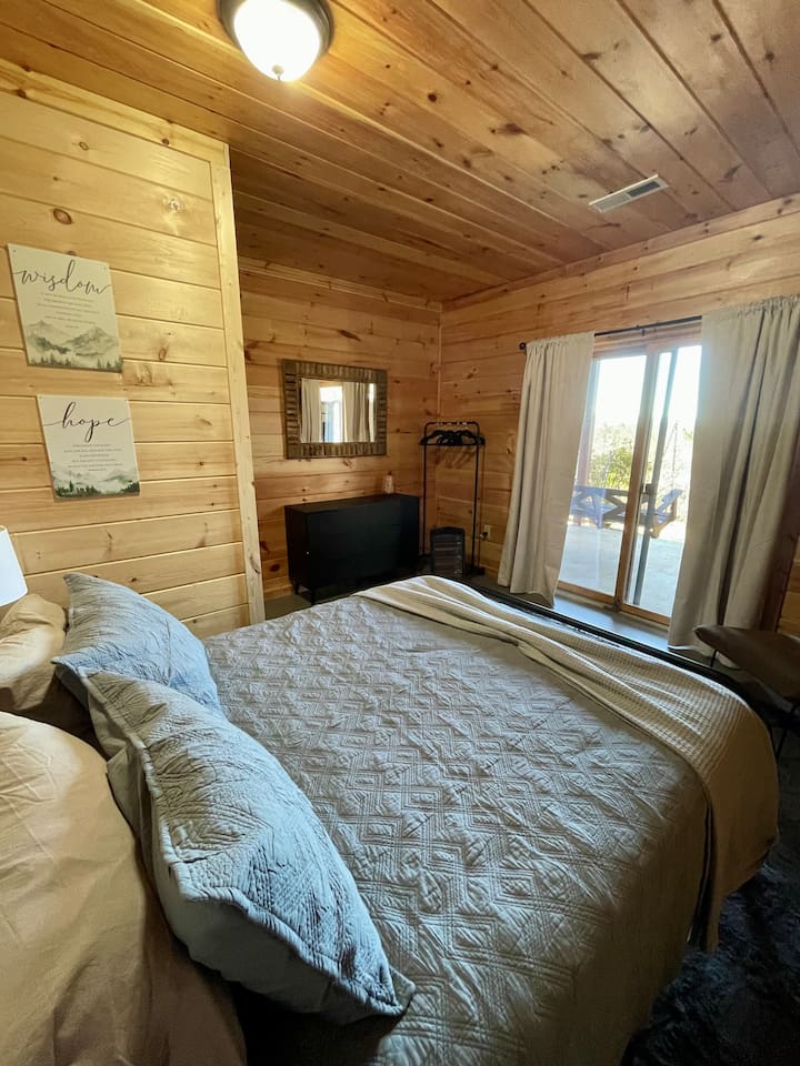 Basement bedroom has a queen bed and steps out to the lower patio with a bench swing and infrared sauna!