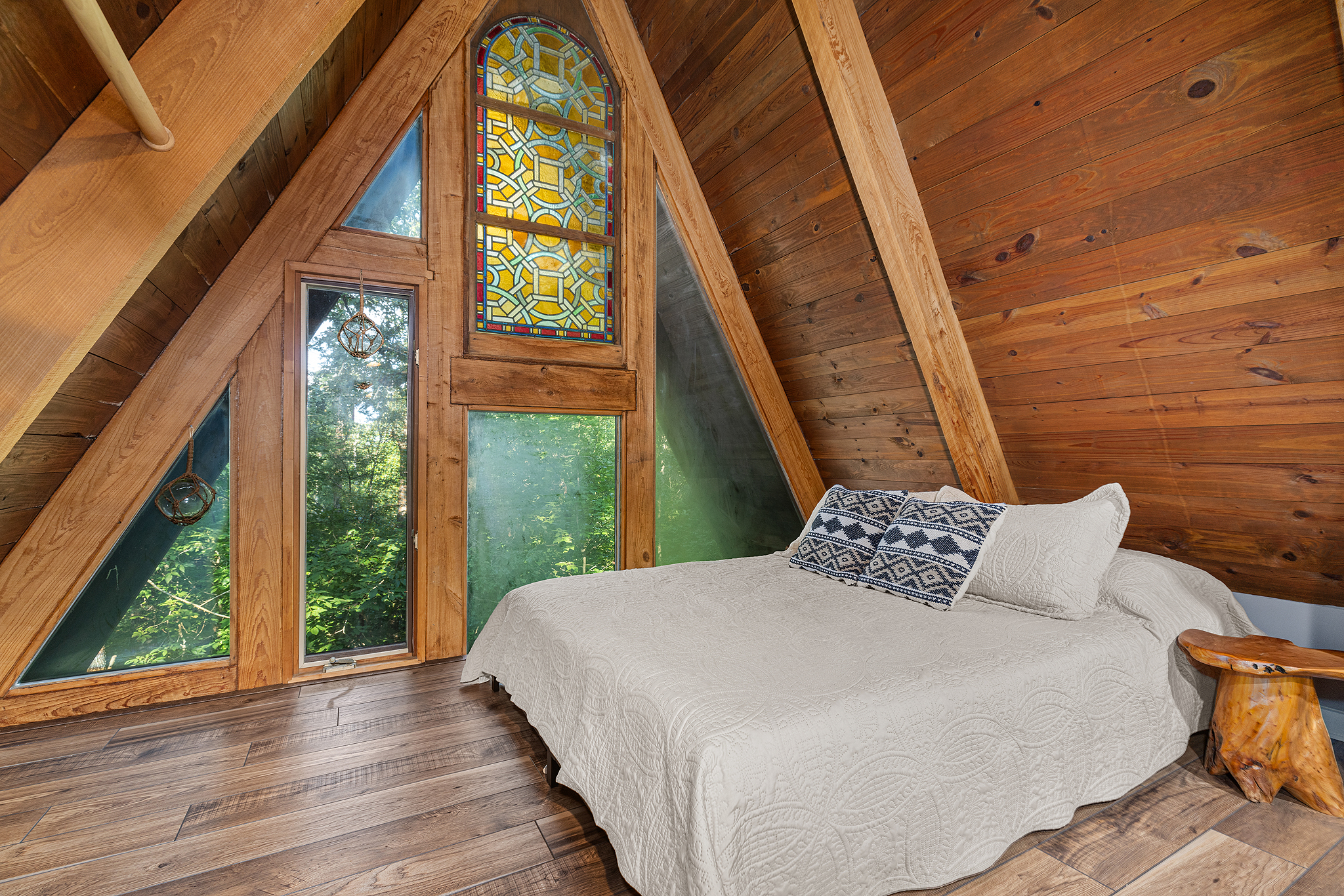 Peaceful nook with a stained-glass glow — perfect for a quiet night in.